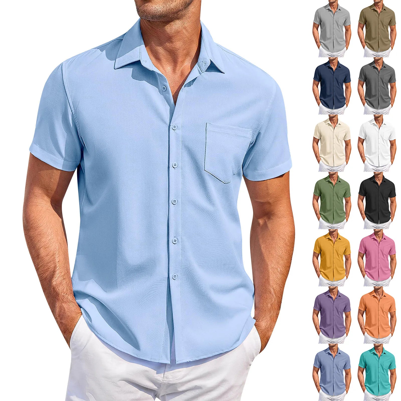 Summer Men'S Clothing Casual Comfortable Breathable Solid Color Short-Sleeved Shirt Ropa Hombre