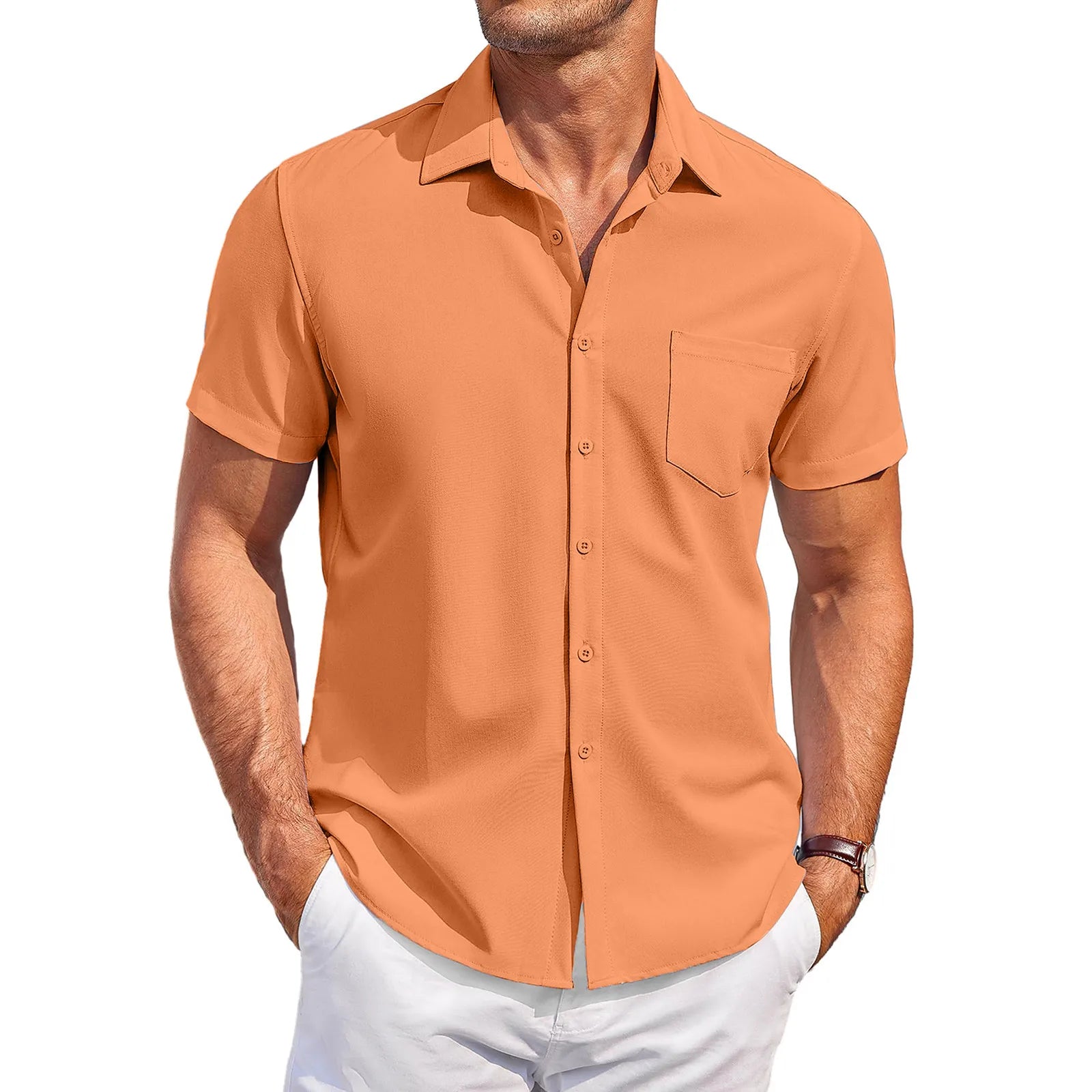 Summer Men'S Clothing Casual Comfortable Breathable Solid Color Short-Sleeved Shirt Ropa Hombre