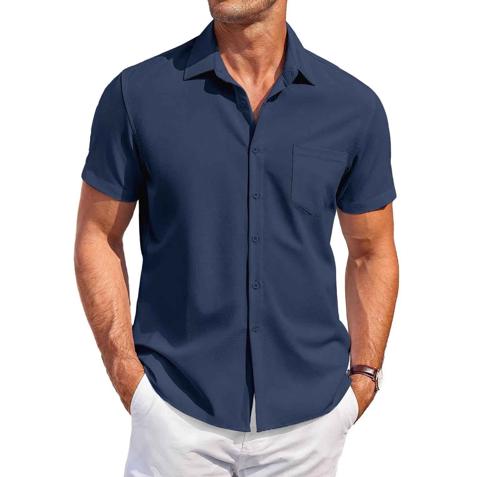 Summer Men'S Clothing Casual Comfortable Breathable Solid Color Short-Sleeved Shirt Ropa Hombre