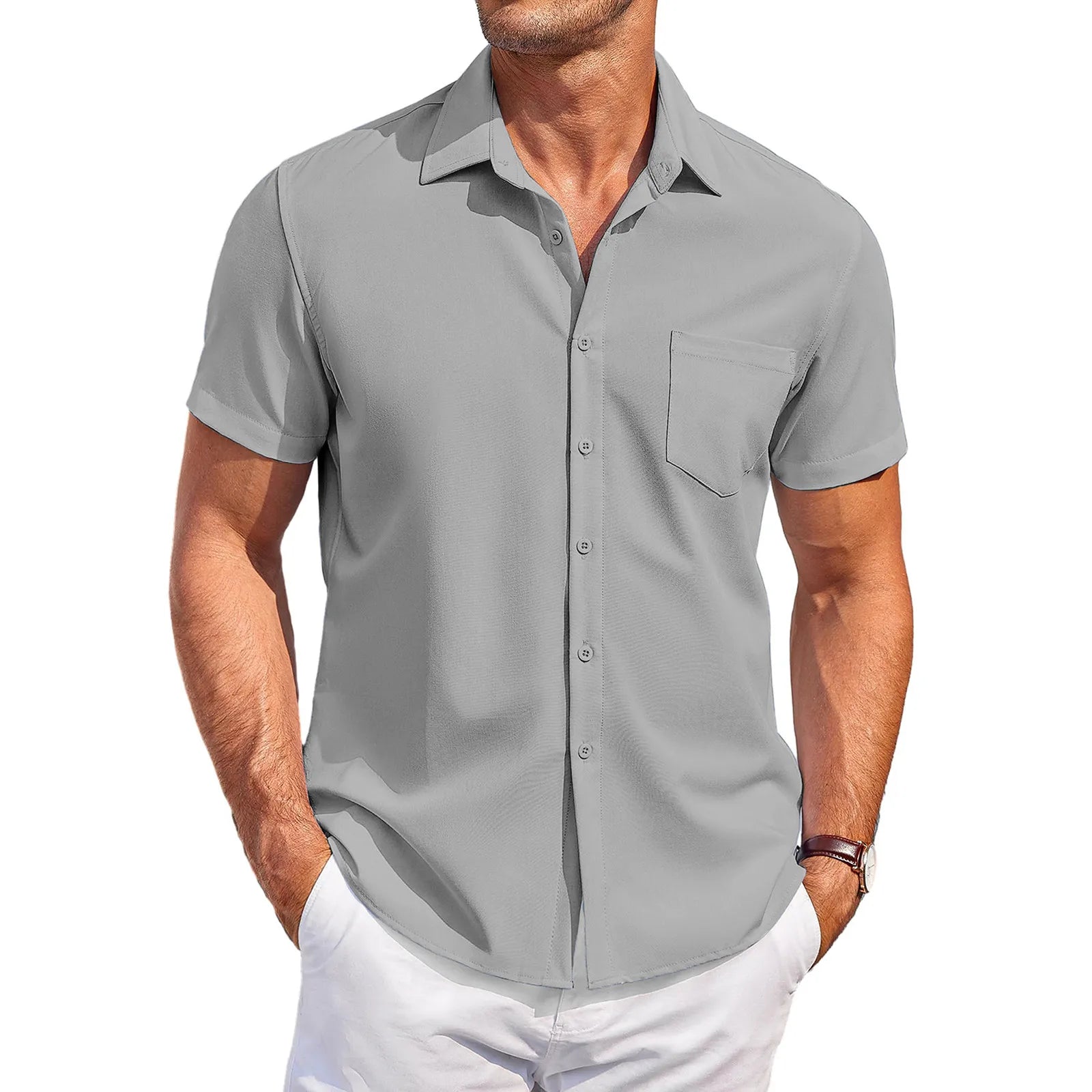 Summer Men'S Clothing Casual Comfortable Breathable Solid Color Short-Sleeved Shirt Ropa Hombre