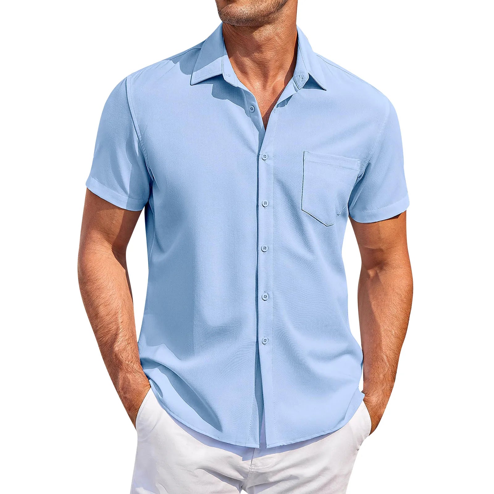 Summer Men'S Clothing Casual Comfortable Breathable Solid Color Short-Sleeved Shirt Ropa Hombre