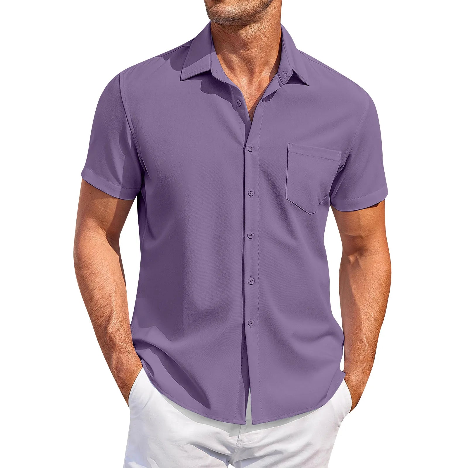 Summer Men'S Clothing Casual Comfortable Breathable Solid Color Short-Sleeved Shirt Ropa Hombre