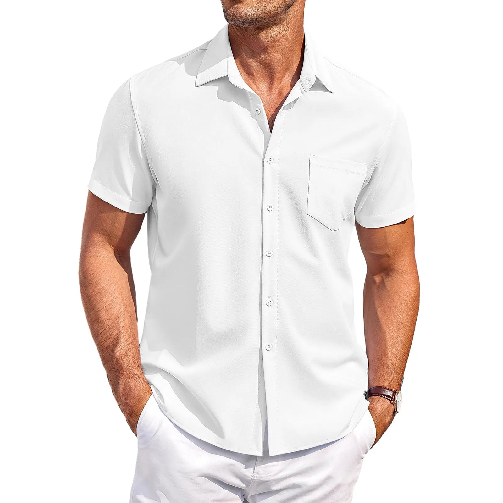 Summer Men'S Clothing Casual Comfortable Breathable Solid Color Short-Sleeved Shirt Ropa Hombre