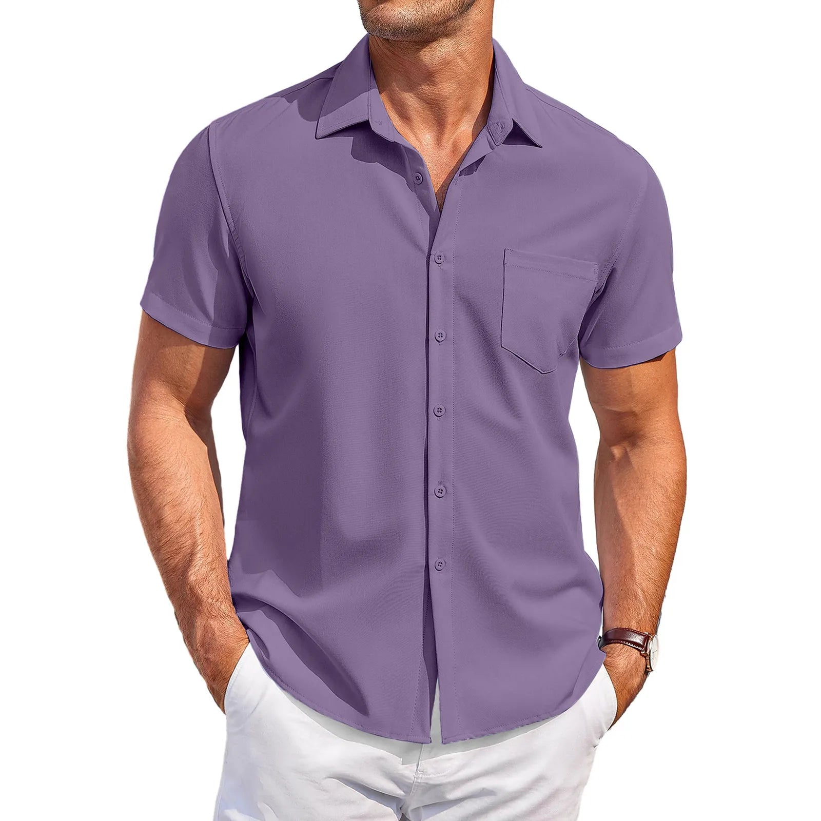 Summer Men'S Clothing Casual Comfortable Breathable Solid Color Short-Sleeved Shirt Ropa Hombre