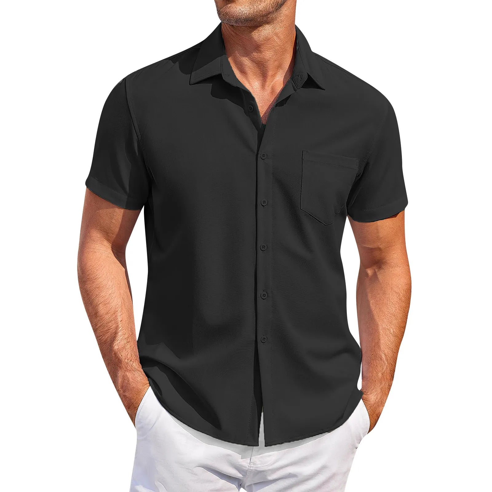 Summer Men'S Clothing Casual Comfortable Breathable Solid Color Short-Sleeved Shirt Ropa Hombre