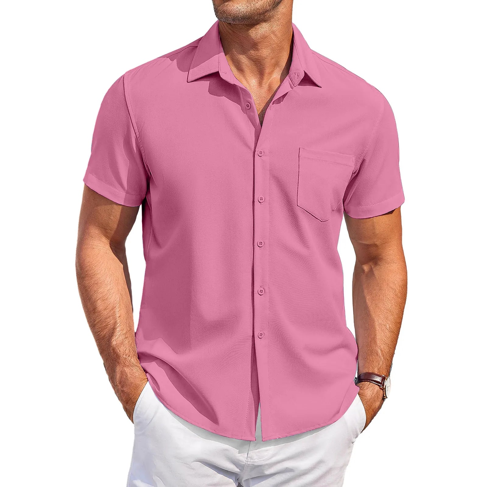 Summer Men'S Clothing Casual Comfortable Breathable Solid Color Short-Sleeved Shirt Ropa Hombre