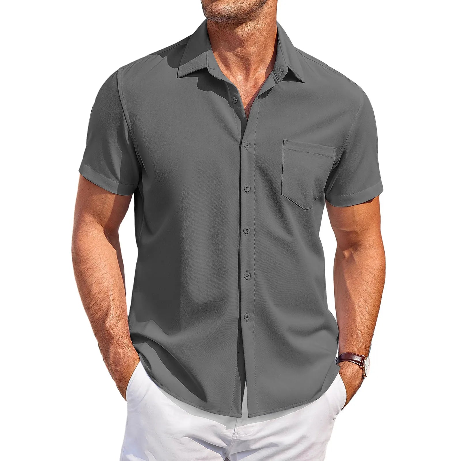 Summer Men'S Clothing Casual Comfortable Breathable Solid Color Short-Sleeved Shirt Ropa Hombre
