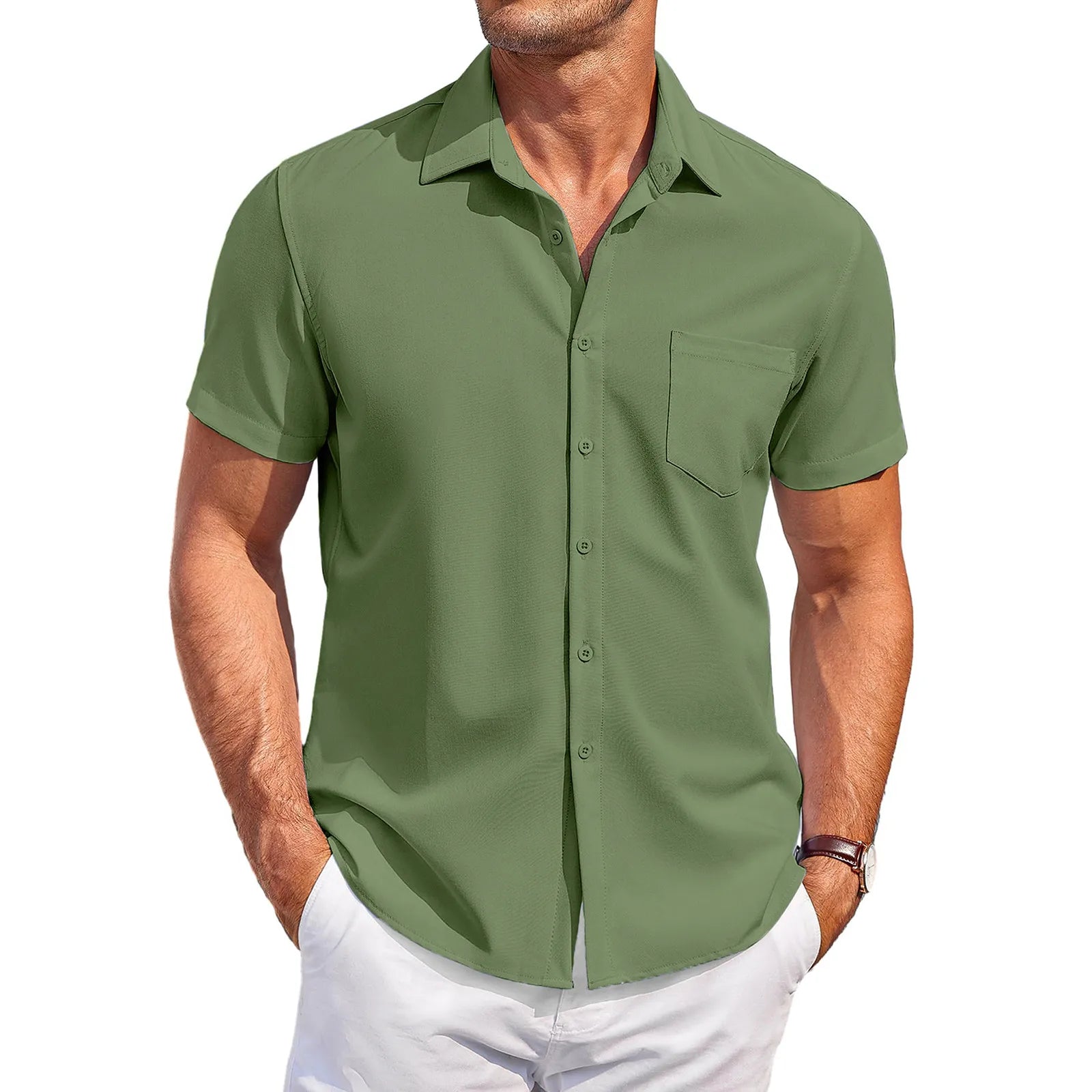 Summer Men'S Clothing Casual Comfortable Breathable Solid Color Short-Sleeved Shirt Ropa Hombre