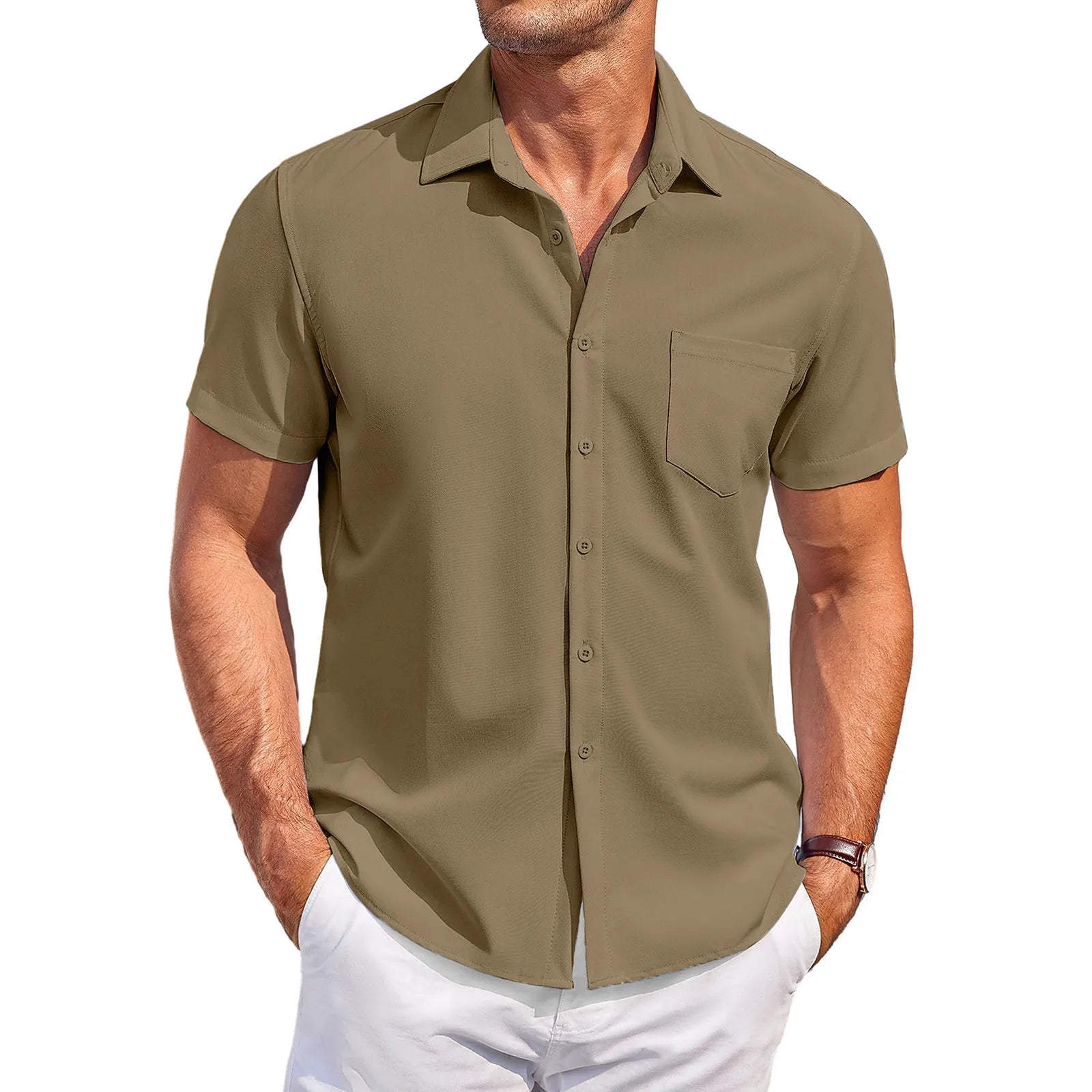 Summer Men'S Clothing Casual Comfortable Breathable Solid Color Short-Sleeved Shirt Ropa Hombre