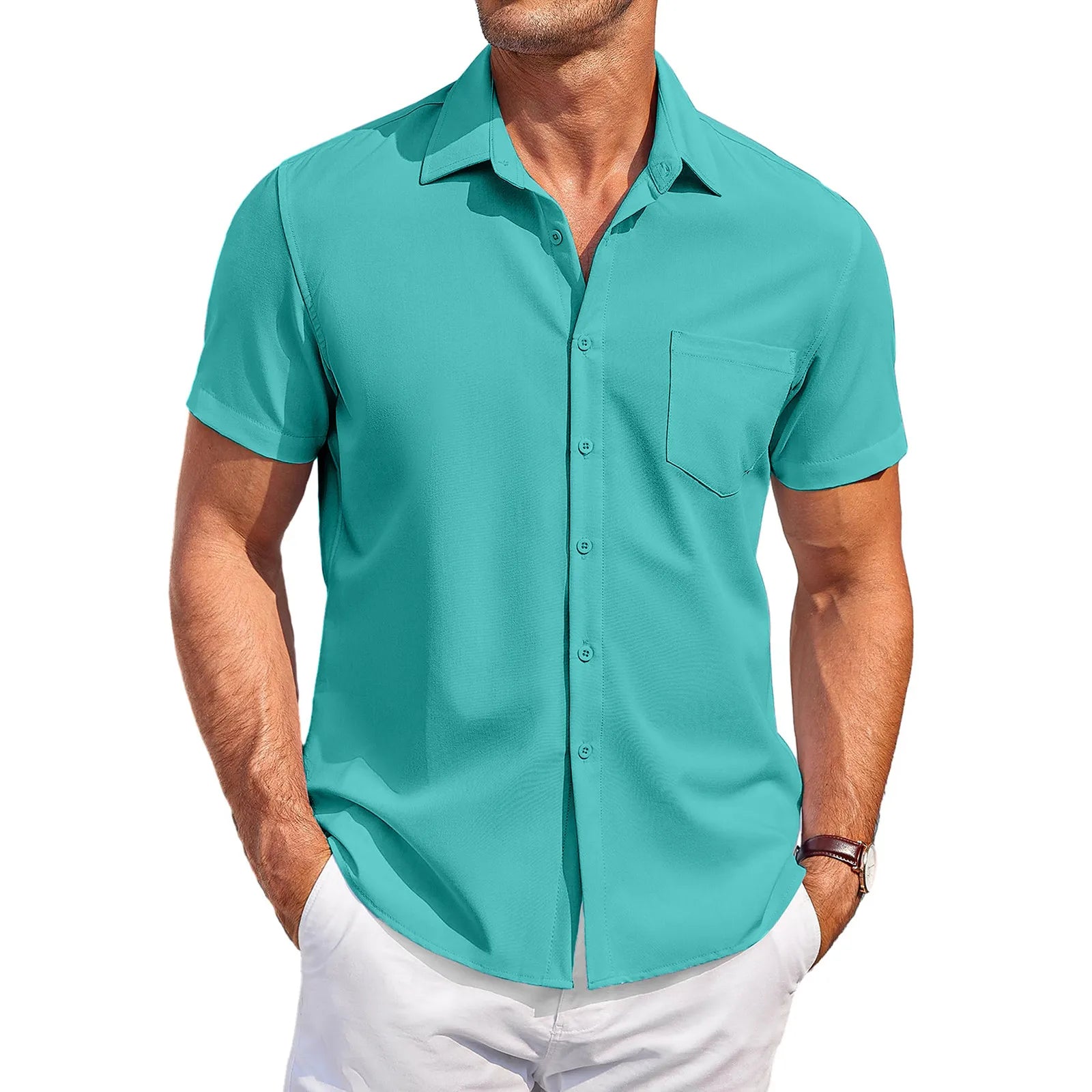 Summer Men'S Clothing Casual Comfortable Breathable Solid Color Short-Sleeved Shirt Ropa Hombre