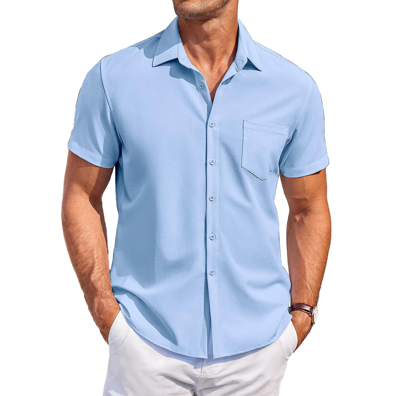 Summer Men'S Clothing Casual Comfortable Breathable Solid Color Short-Sleeved Shirt Ropa Hombre
