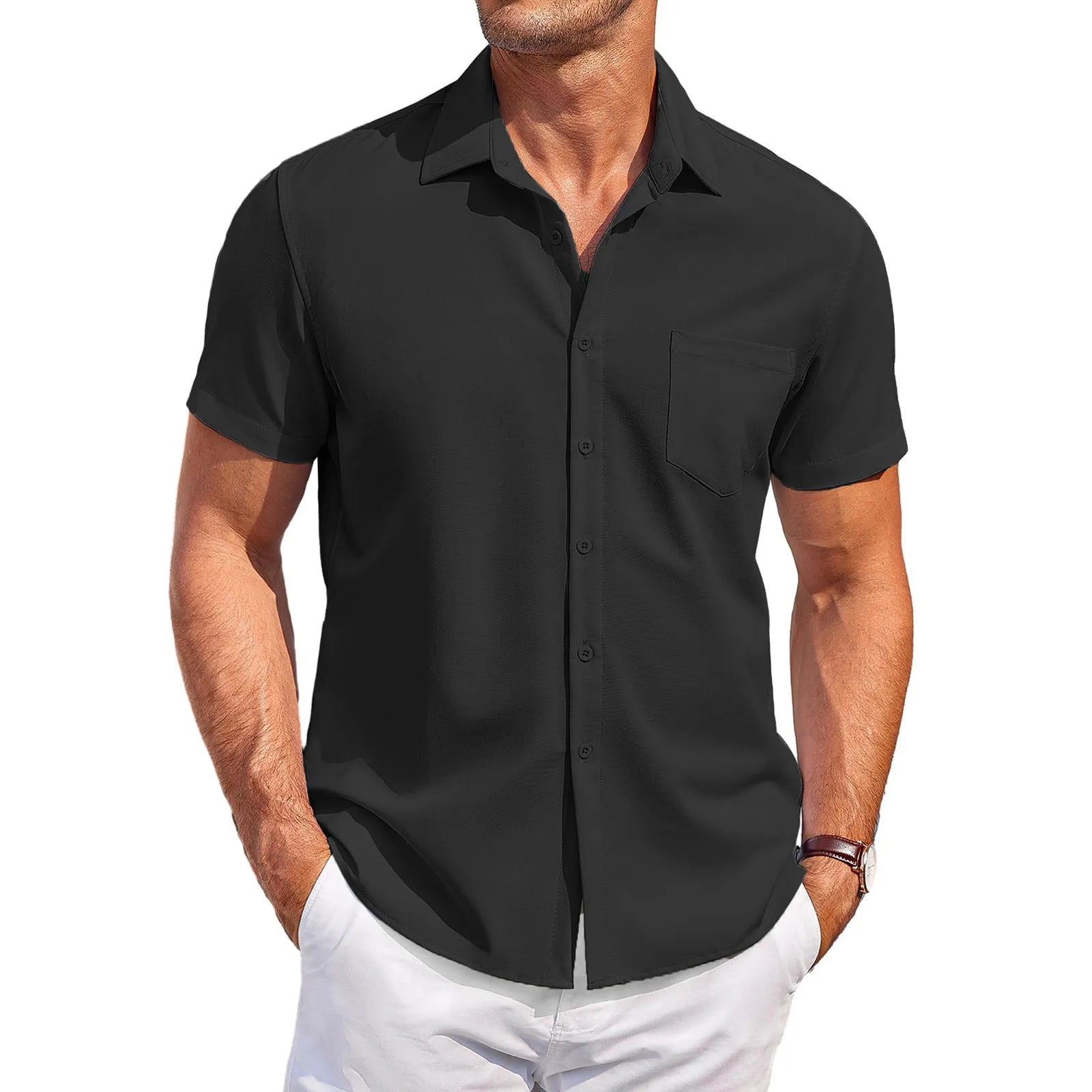 Summer Men'S Clothing Casual Comfortable Breathable Solid Color Short-Sleeved Shirt Ropa Hombre