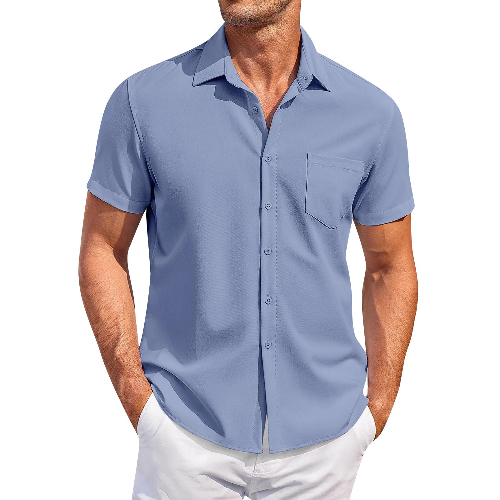 Summer Men'S Clothing Casual Comfortable Breathable Solid Color Short-Sleeved Shirt Ropa Hombre