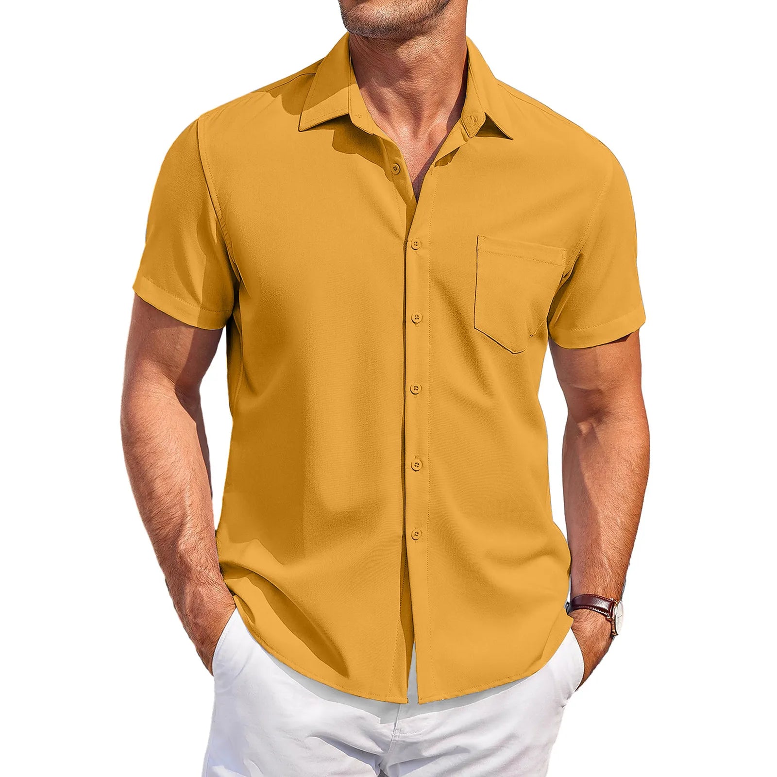 Summer Men'S Clothing Casual Comfortable Breathable Solid Color Short-Sleeved Shirt Ropa Hombre