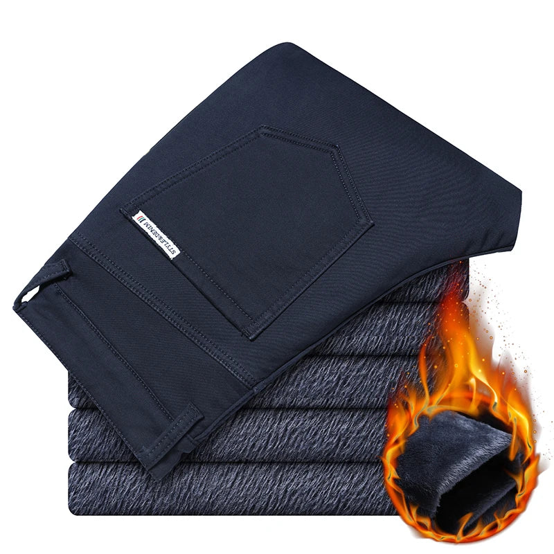 2022 Winter New Men'S Warm Thick Casual Pants Business Fashion Black Blue Stretch Fleece Office Slim Trousers Male Brand