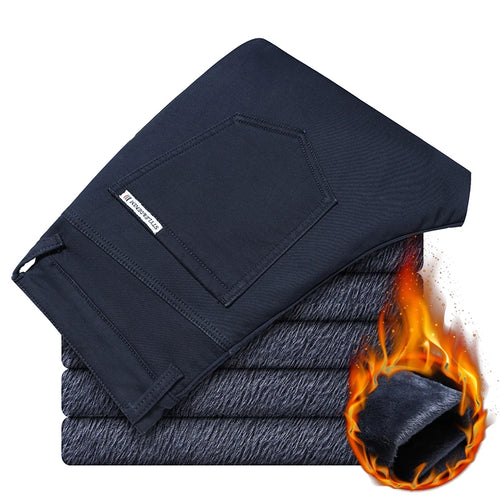 2022 Winter New Men'S Warm Thick Casual Pants Business Fashion Black Blue Stretch Fleece Office Slim Trousers Male Brand