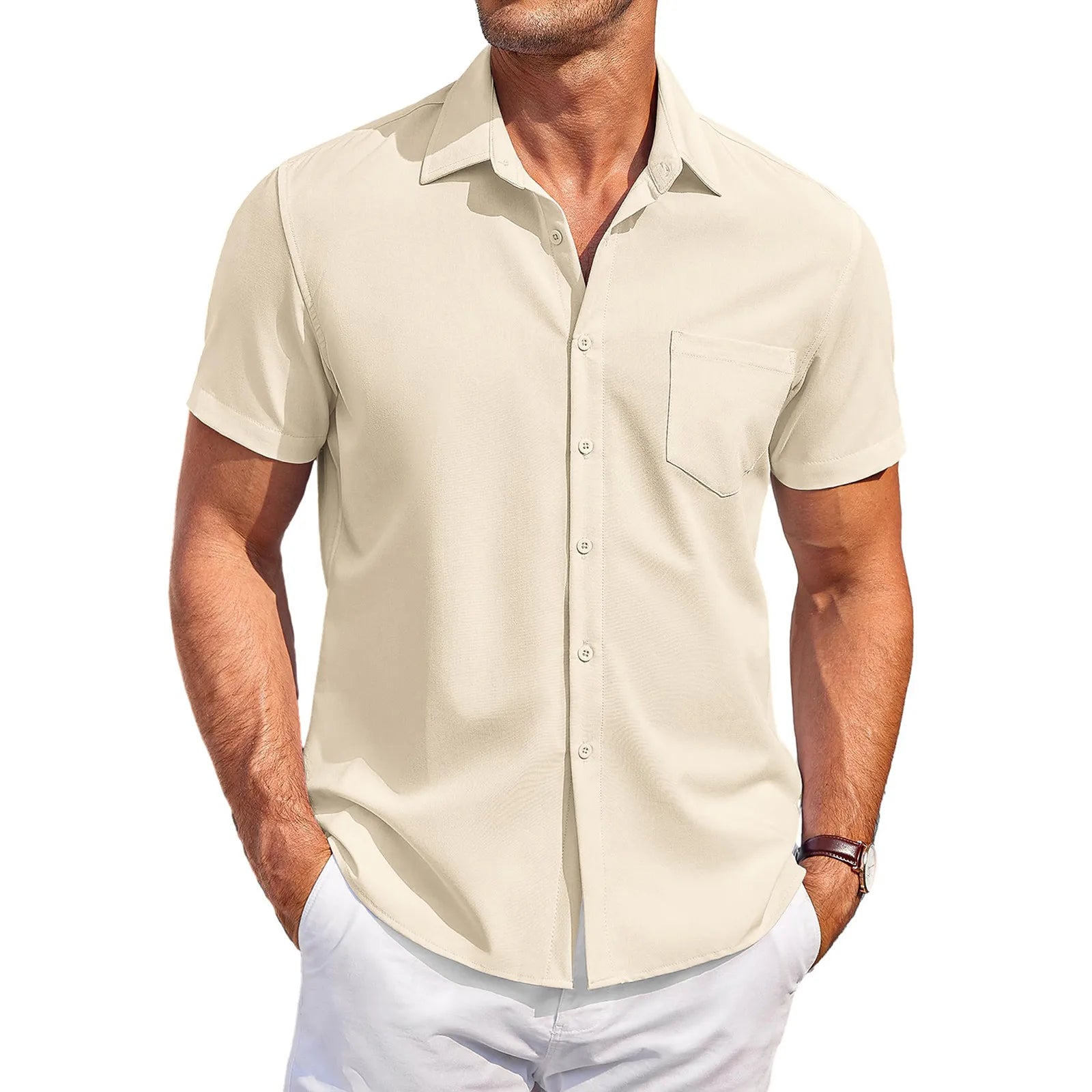 Summer Men'S Clothing Casual Comfortable Breathable Solid Color Short-Sleeved Shirt Ropa Hombre