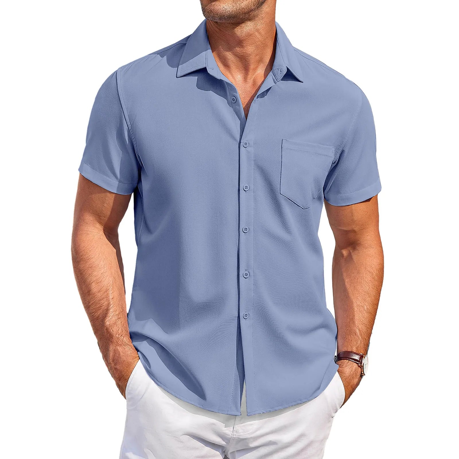 Summer Men'S Clothing Casual Comfortable Breathable Solid Color Short-Sleeved Shirt Ropa Hombre